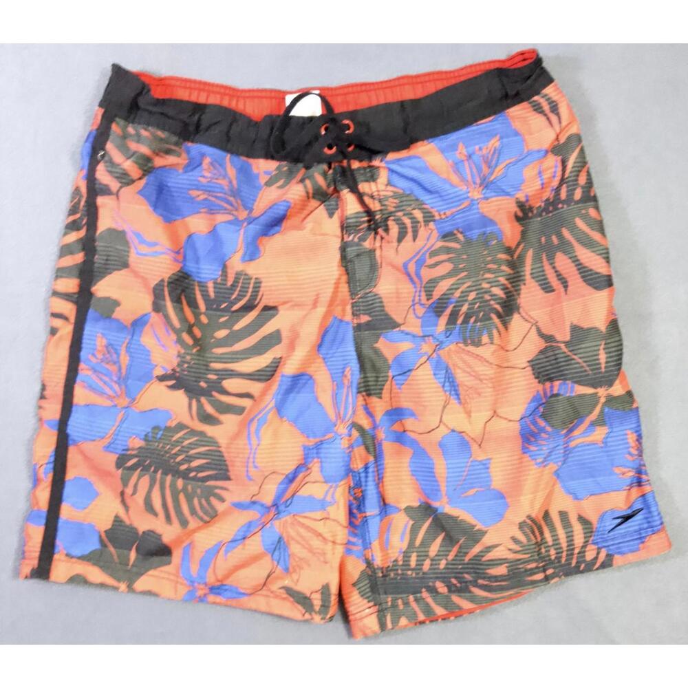 SPEEDO Hibiscus Hawaiian Floral Red / Blue / Black Large Swim/Board Trunks Faded